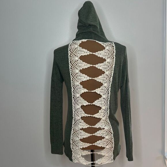 Windsor Heathered Forest Green Crochet Open Back Sweater Hoodie, Women’s Small - Picture 8 of 8